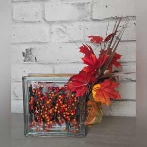 Lighted Fall Glass Block Décor Autumn Leaves Pumpkin Berries Thanksgiving Decor